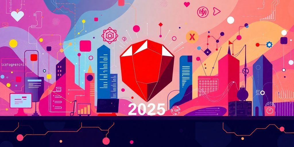Illustration of tech companies innovating with Ruby programming.