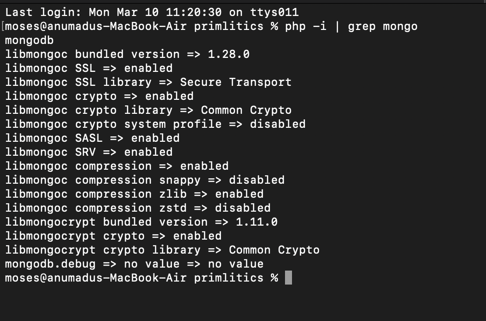 A screen shot of a terminal with the expected output that show a user has MongoDB PHP Driver installed correctly.