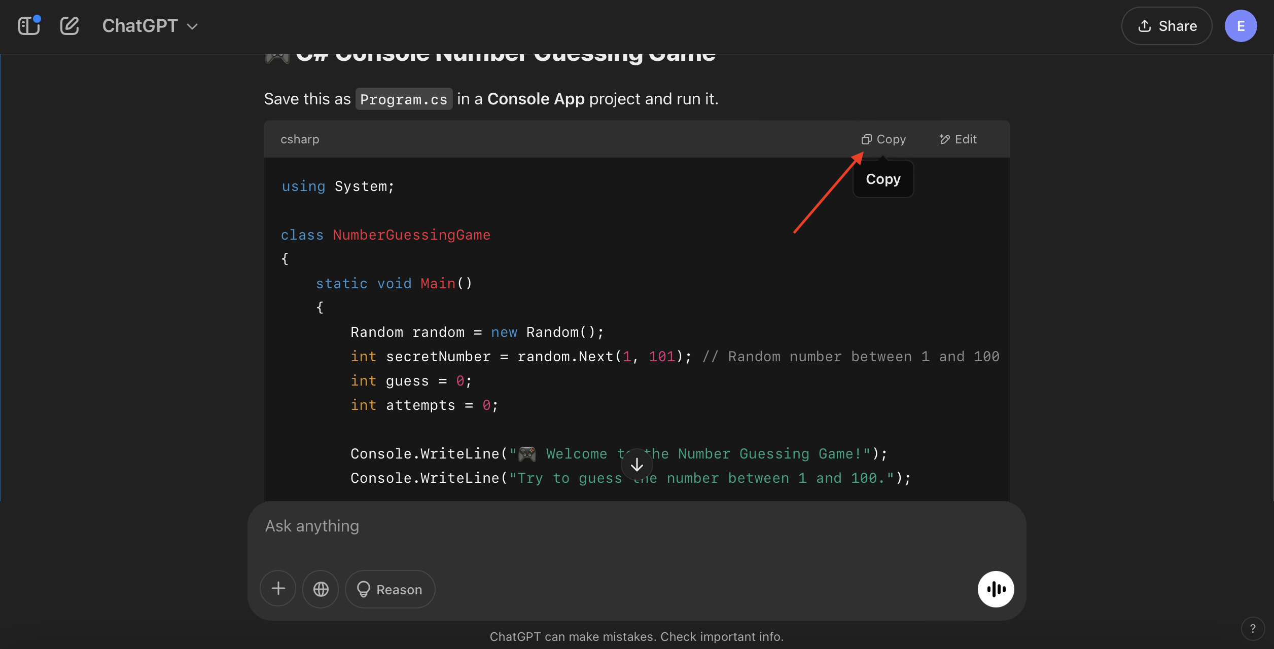 Generated code in chatGPT