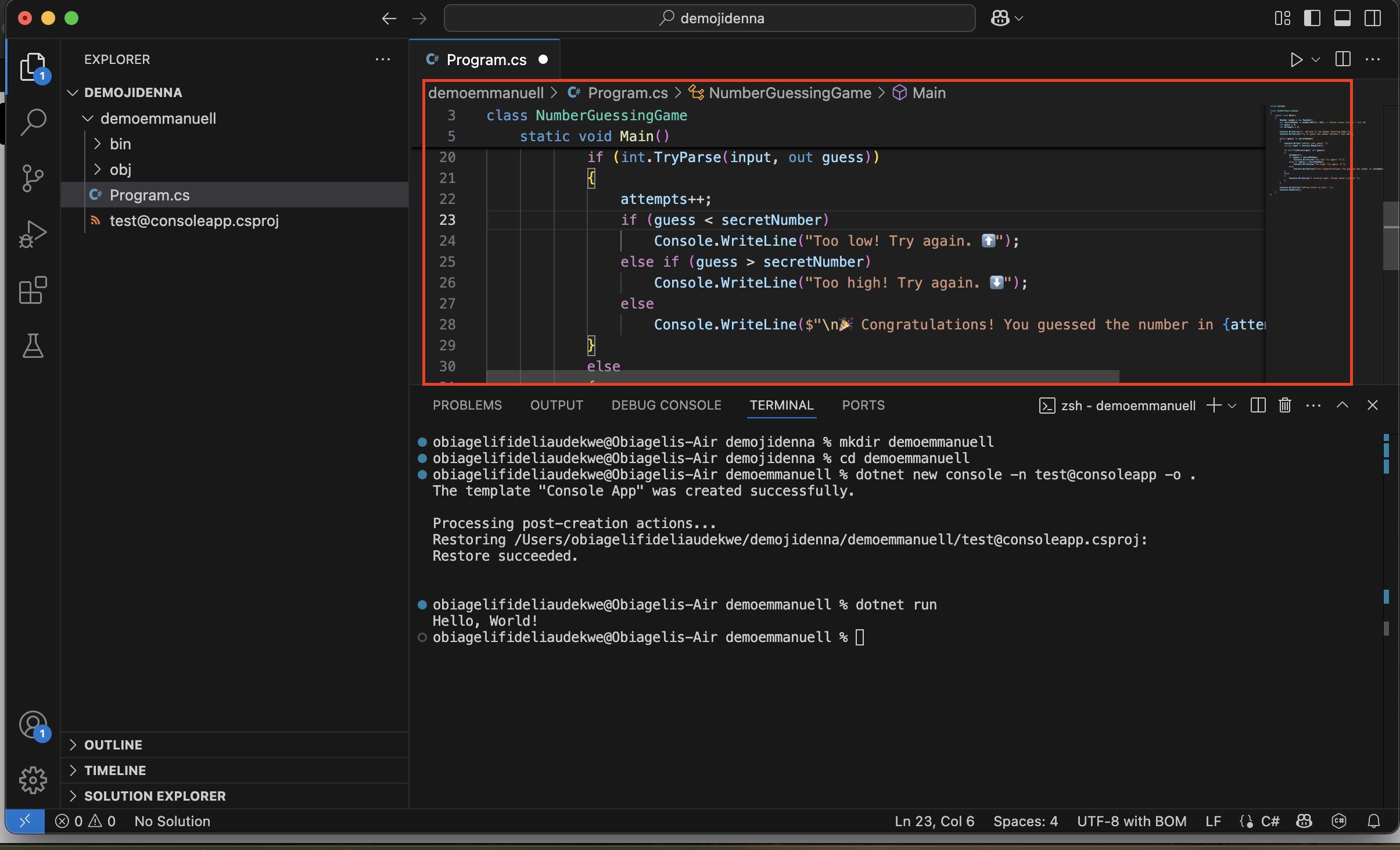 Code pasted in program.cs