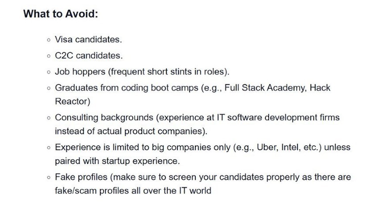 Image from a post where there is a list of hidden requirements for a dev position from a recruiter