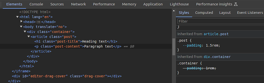 Screenshot Of Chrome Devtools Showing How The Padding Value Was Inherited From The Article Post Selector