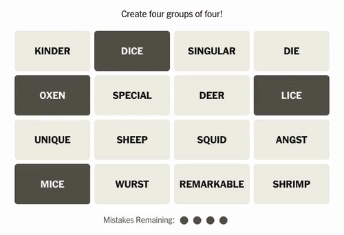 An animated gif of the same Connections puzzle as before, the selected tiles OXEN, DICE, LICE, and MICE move to the top row in that order.