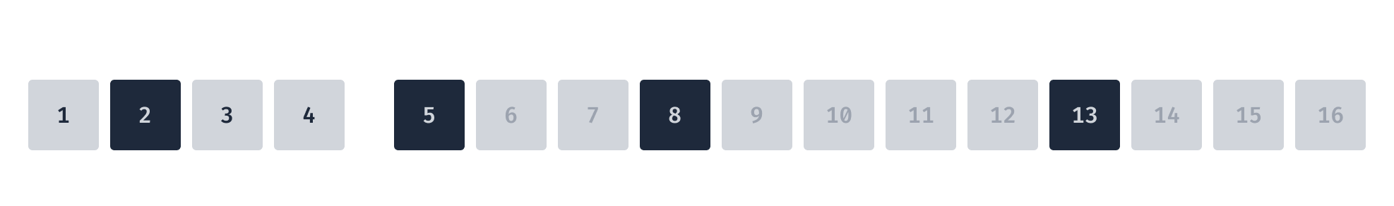 An animated gif of a a single row of 16 tiles, numbered 1 through 16. The animation sequentially highlights the pairs of tiles that will be swapped.