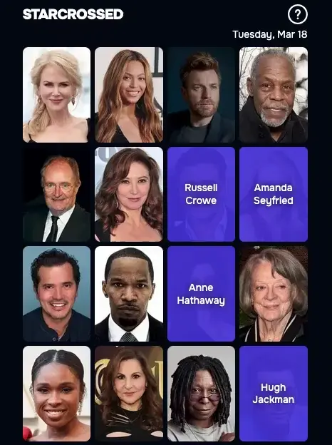 An animated gif of the puzzle game starcrossed. Four headshots are selected and move to the top row, and then the category is revealed.