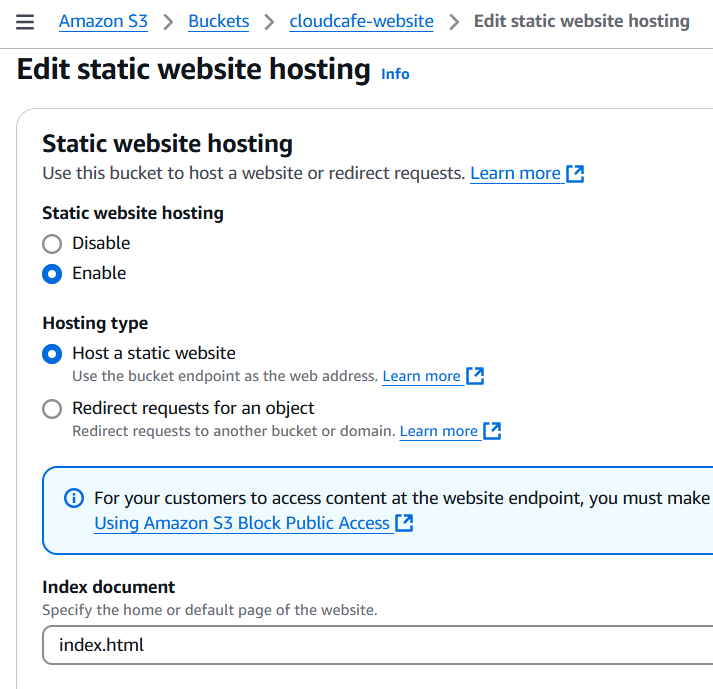 Setting to edit static website hosting for the S3 bucket