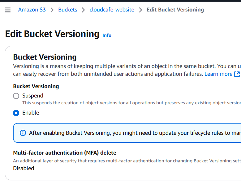 Configuration to enable bucket versioning