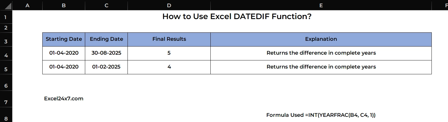Using YEARFRAC function to find the differences between two dates in years