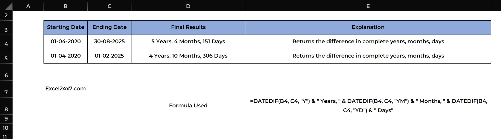 Formula to display years, months, days using datedif functions