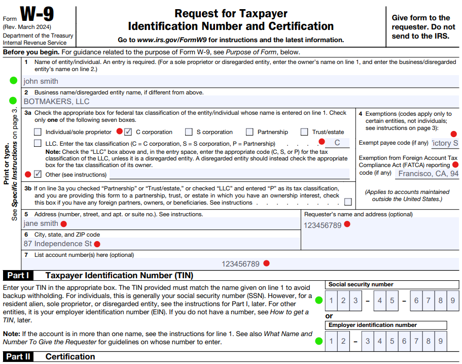 IRS W-9 filled with AI
