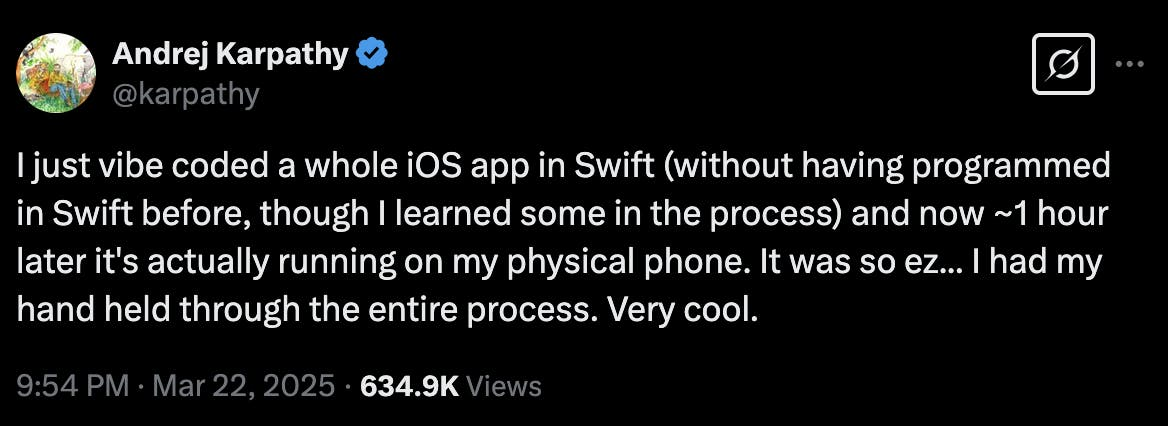 Karpathy's viral tweet showing how he created a working iOS app in Swift without prior experience