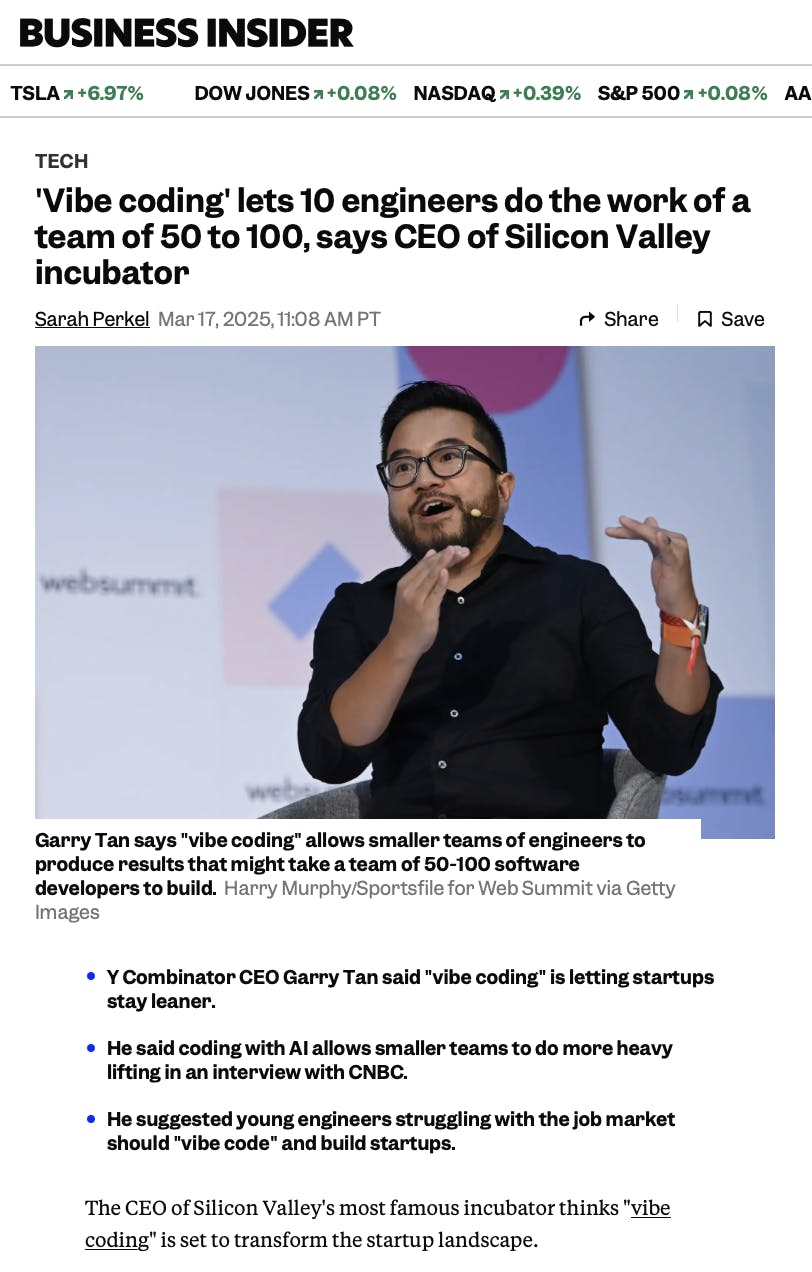 Business Insider article featuring Y Combinator CEO Garry Tan discussing Vibe Coding's Impact