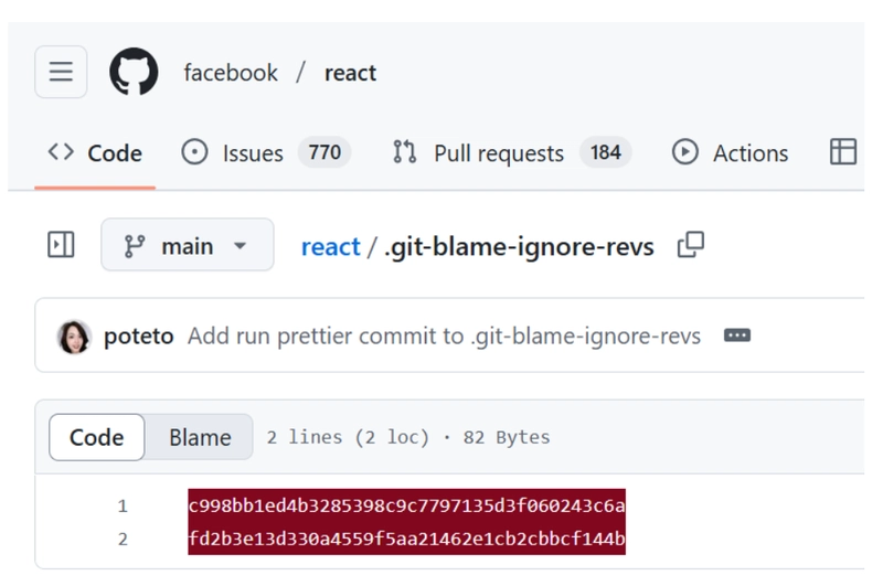 `.git-blame-ignore-revs` file in React vs Refine.