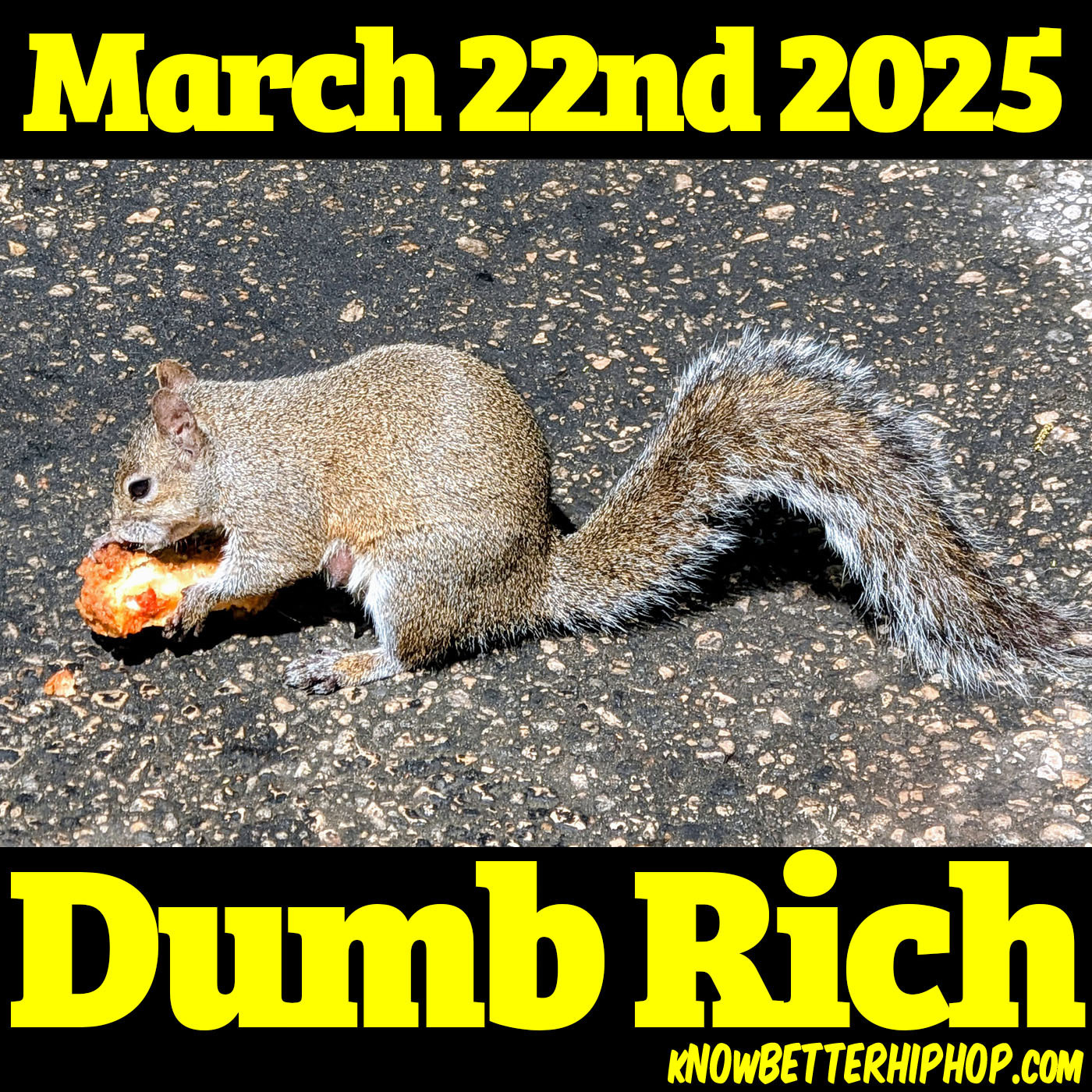 Radio show episode image of a photo of a squirrel with a chicken wing with the words March 22nd 2025 Dumb Rich