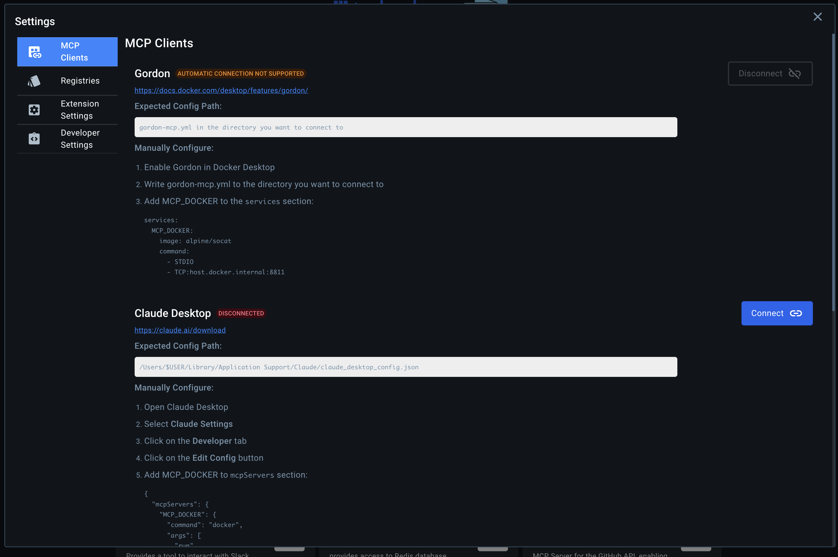 MCP Clients settings