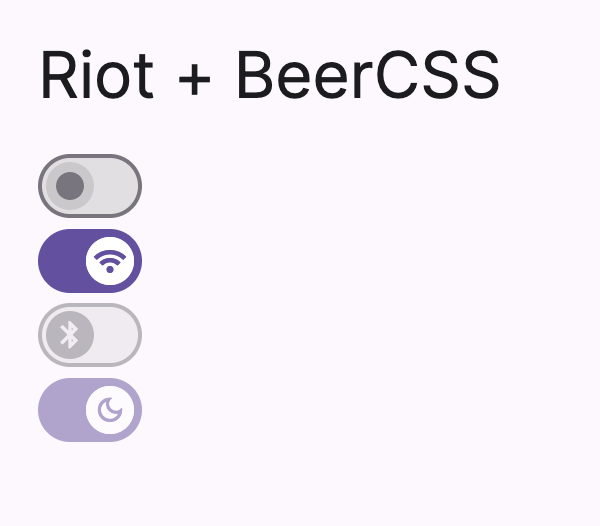 Four switch components made with RiotJS in various states