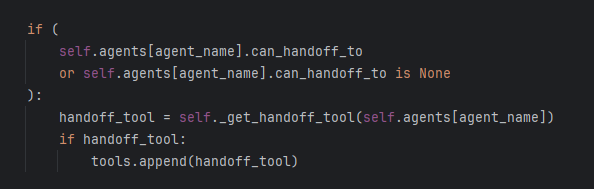 When can_handoff_to is an empty list, the handoff_tool won't be concatenated. Image by Author