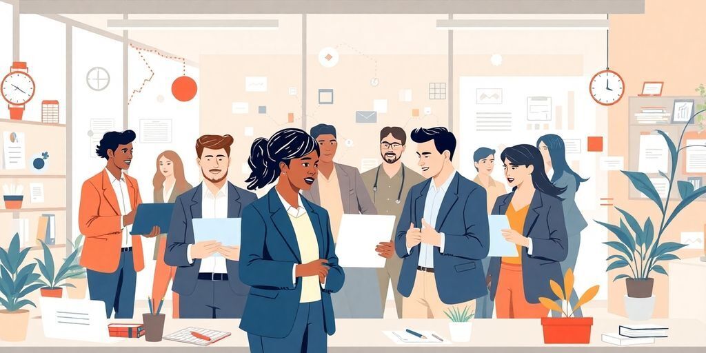 Diverse professionals collaborating in a modern recruitment office.