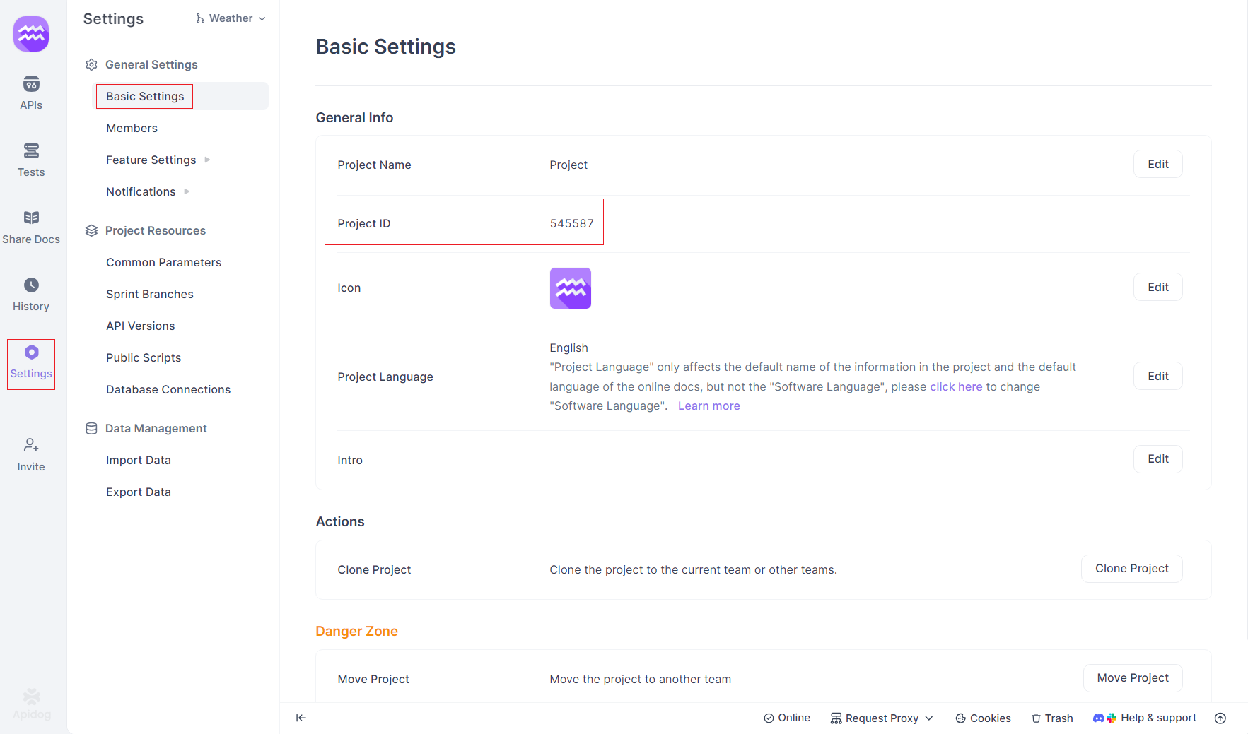 getting API project ID in your Apidog project