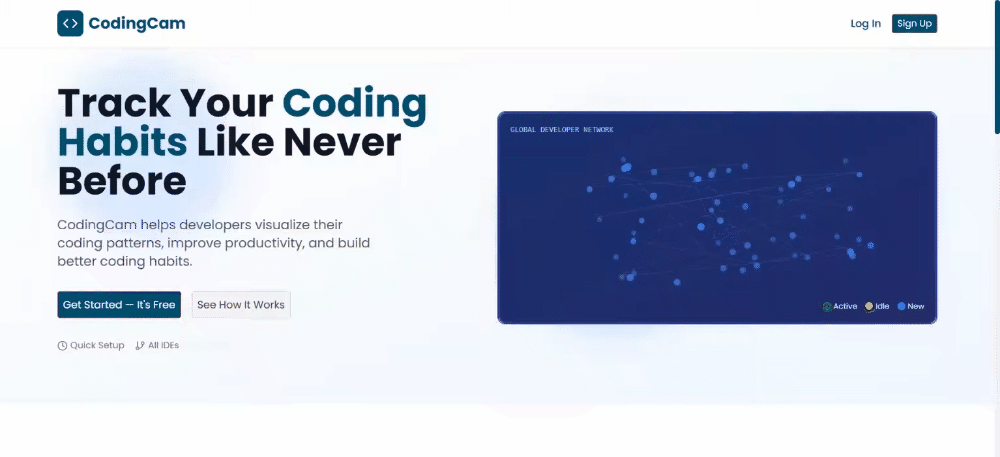 The landing page welcomes users with a clean, inviting design, showcasing the core concept of CodingCam and its benefits.