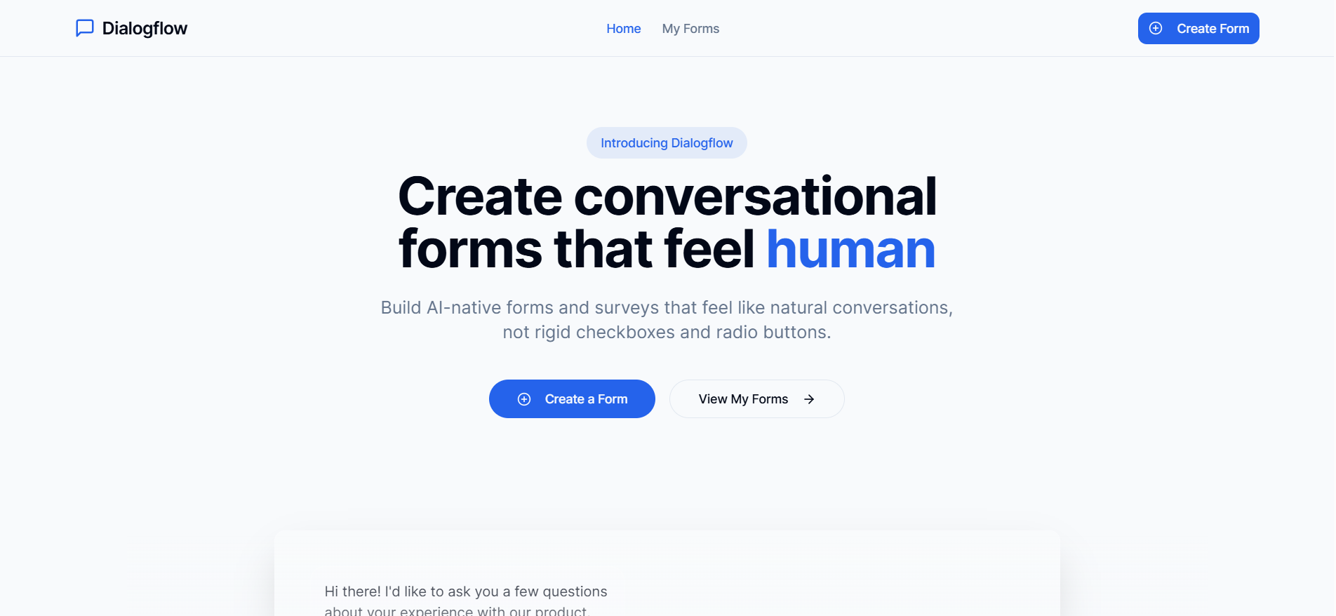 The hero section of DialogFlow-Form, sparking curiosity and action