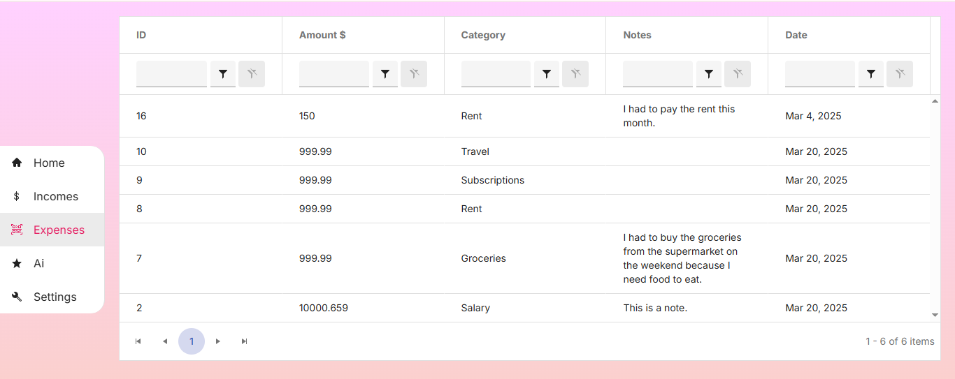 Expenses page
