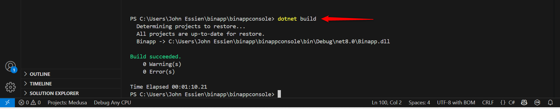 dotnet run on the terminal