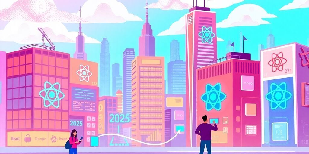 Futuristic cityscape with React logos and developers.