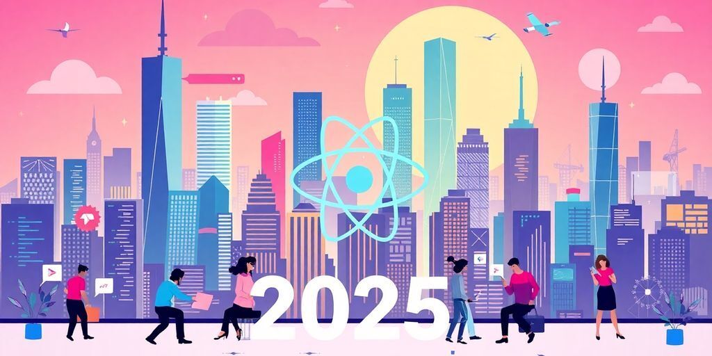 Illustration of tech professionals collaborating in a vibrant city.