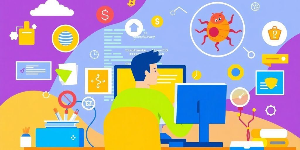 Illustration of a developer with automated testing tools and code.