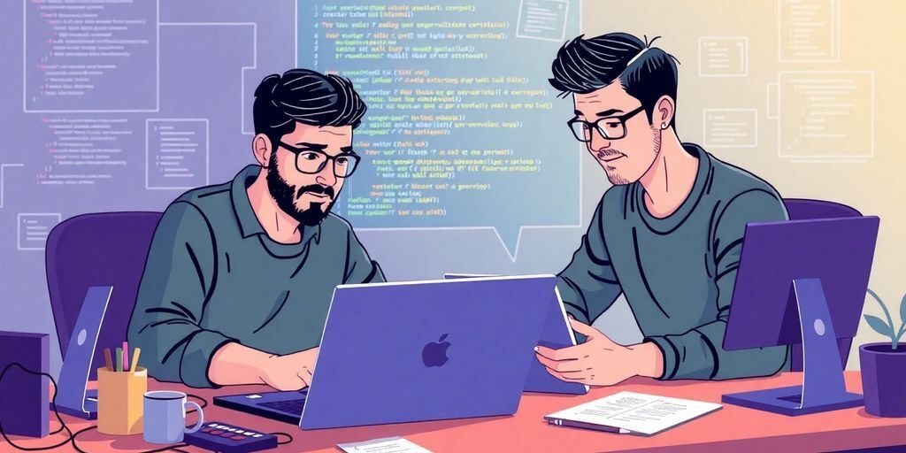 Developers collaborating during a code review session at work.