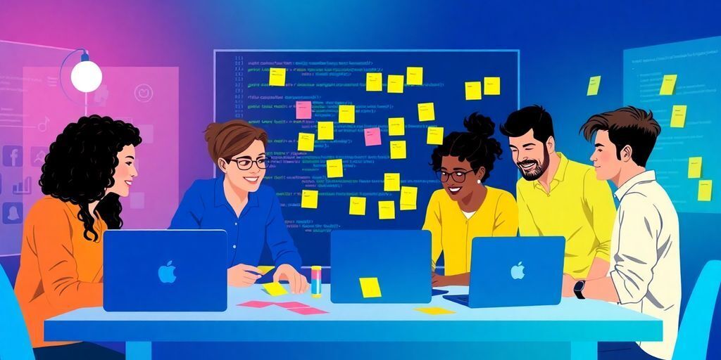 Team collaboration in agile software development environment illustration.