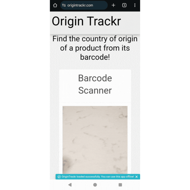Animation of a user using OriginTrackr to scan the barcode on a bottle of oil, discovering that its barcode was registered in the USA.