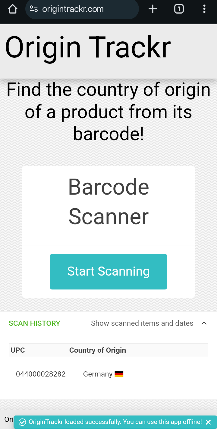 The main OriginTrackr UI, with a button asking if the user would like to scan and a data table of past scans displayed below it