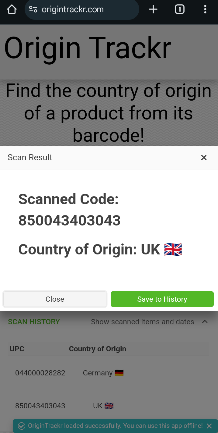 OriginTrackr screenshot displaying that a product's barcode was registered in the UK