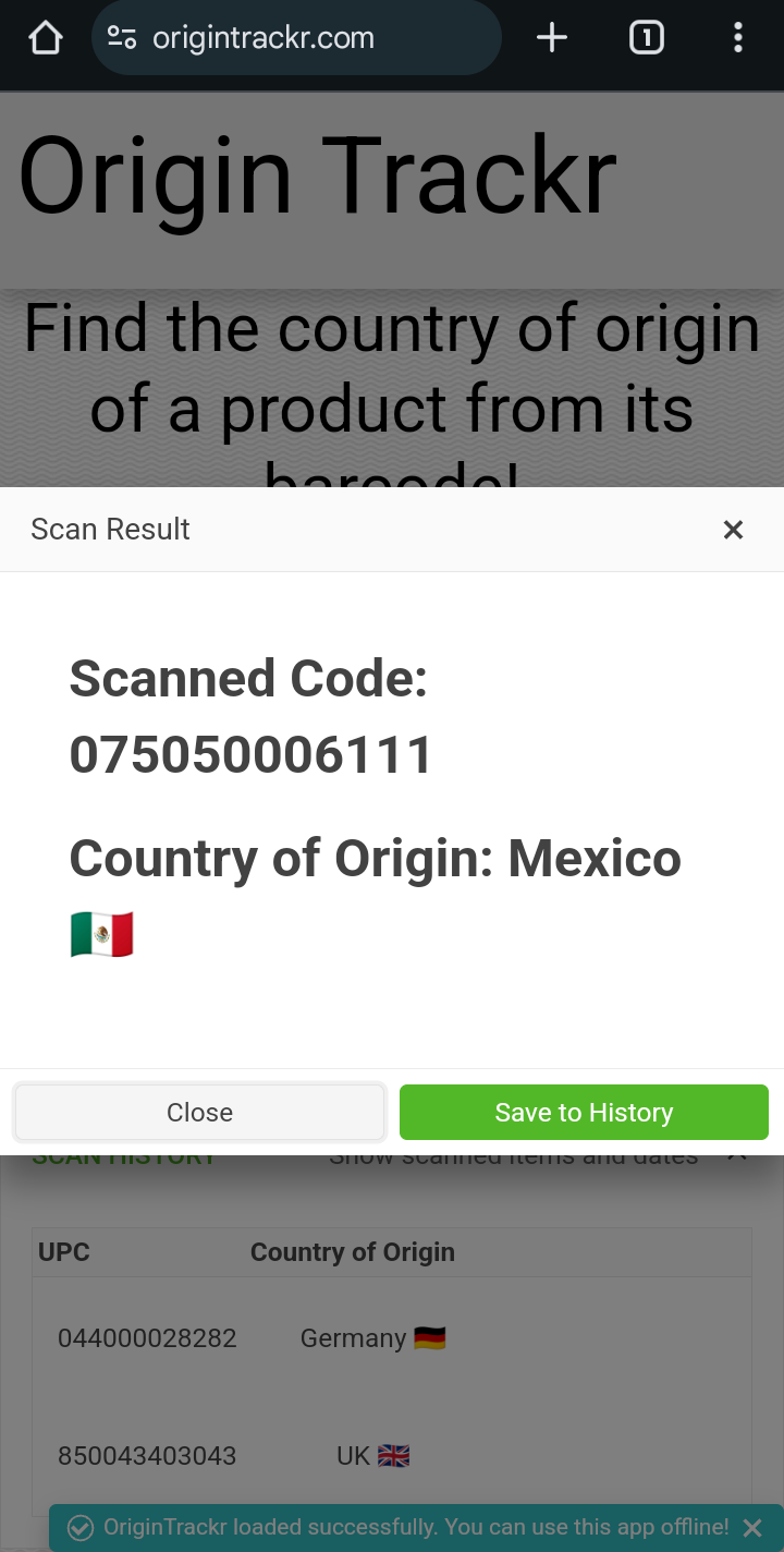 OriginTrackr screenshot displaying that a product's barcode was registered in Mexico