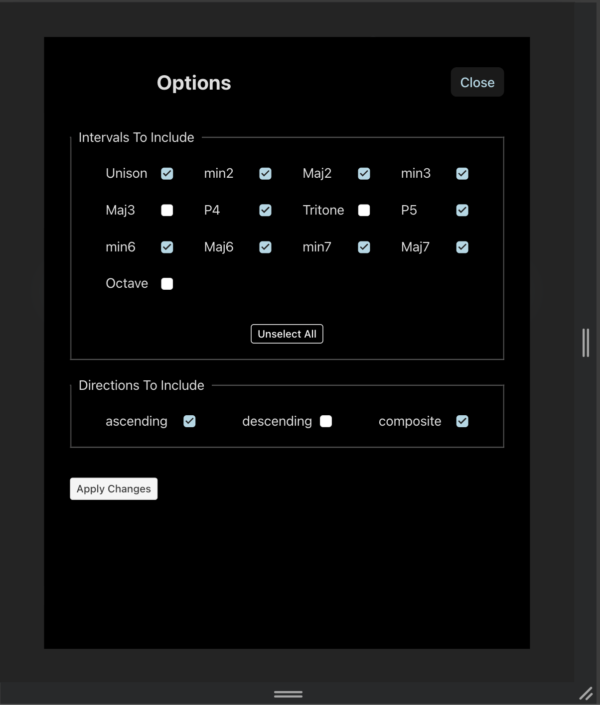 Options modal open at tablet size