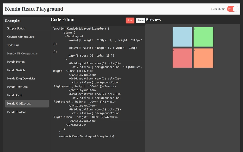 Kendo React Component Playground: A simple app to test React Components, including Kendo Components