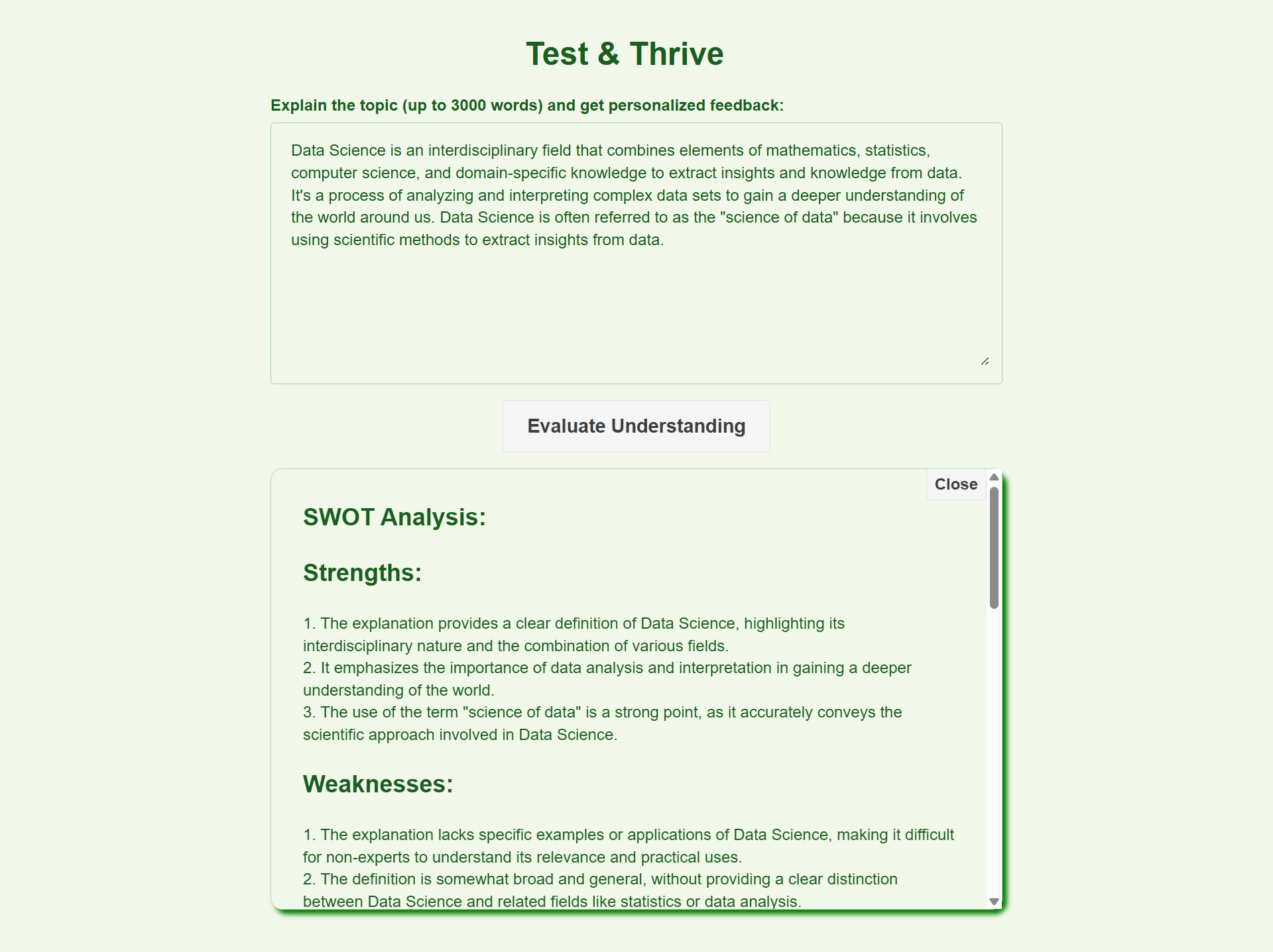 Test & Thrive Section