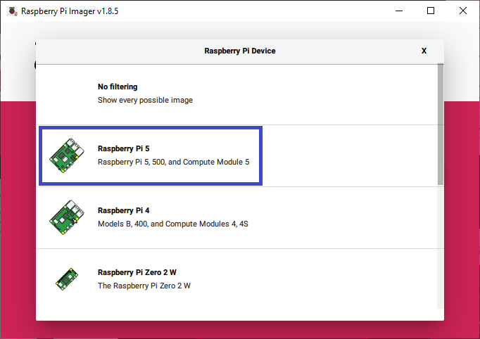 Choose the preferred Pi device from the list