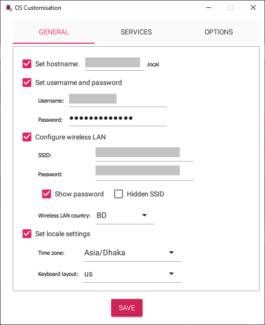 Image of the OS customization window