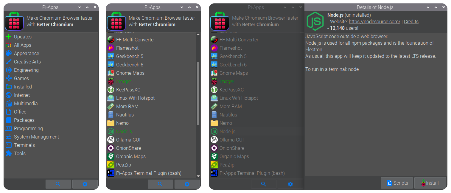 Installing Node.js using Pi-Apps