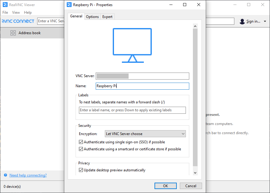 Type VNC server hostname to connect