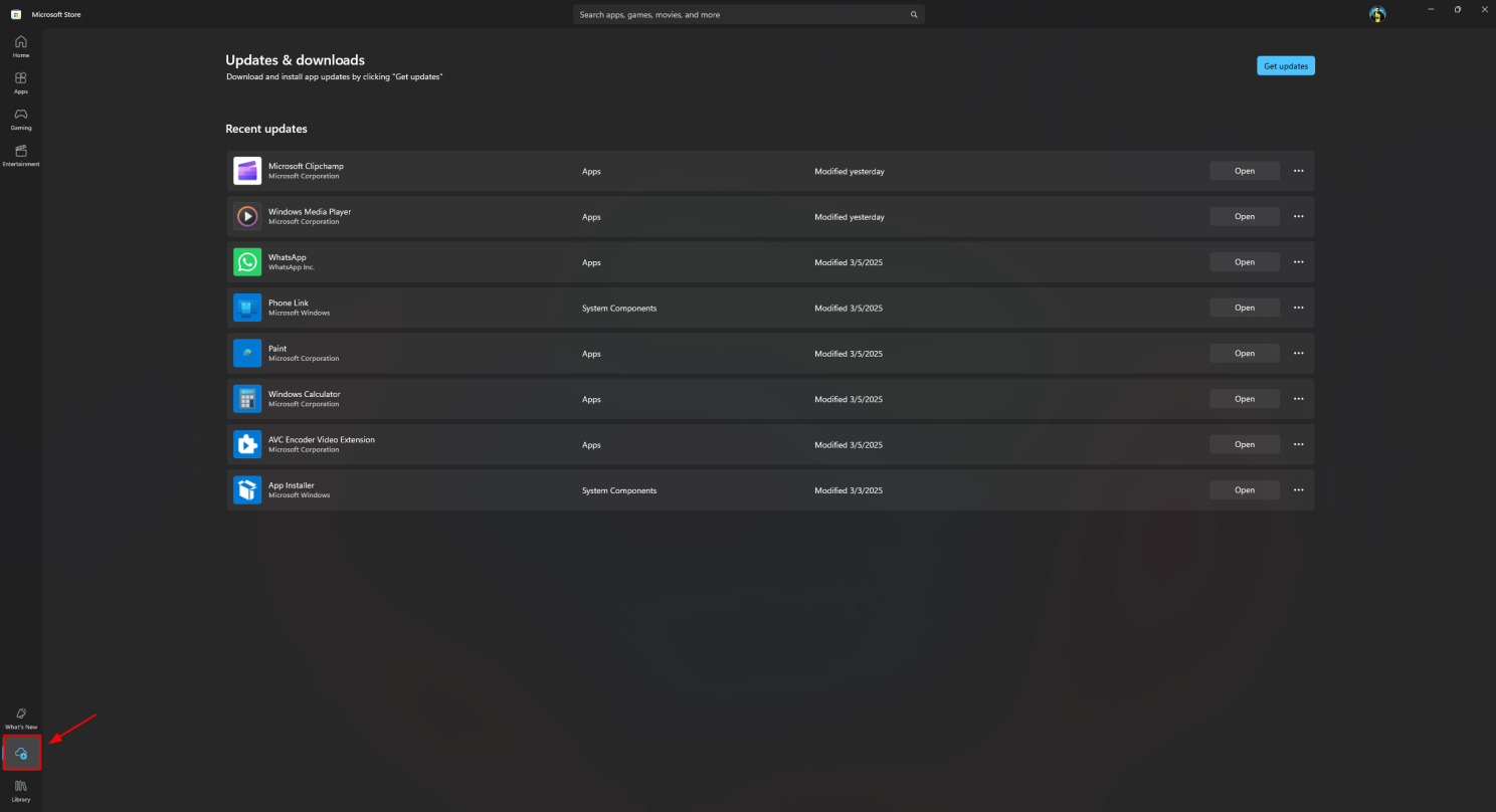 Verificando atualizações na Microsoft Store