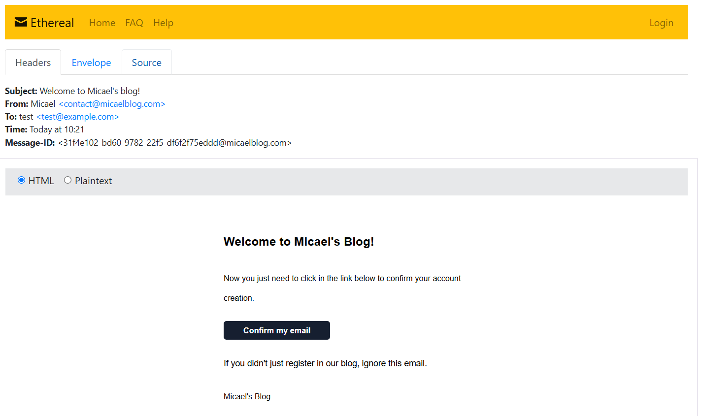 Example of email on Ehtereal test server
