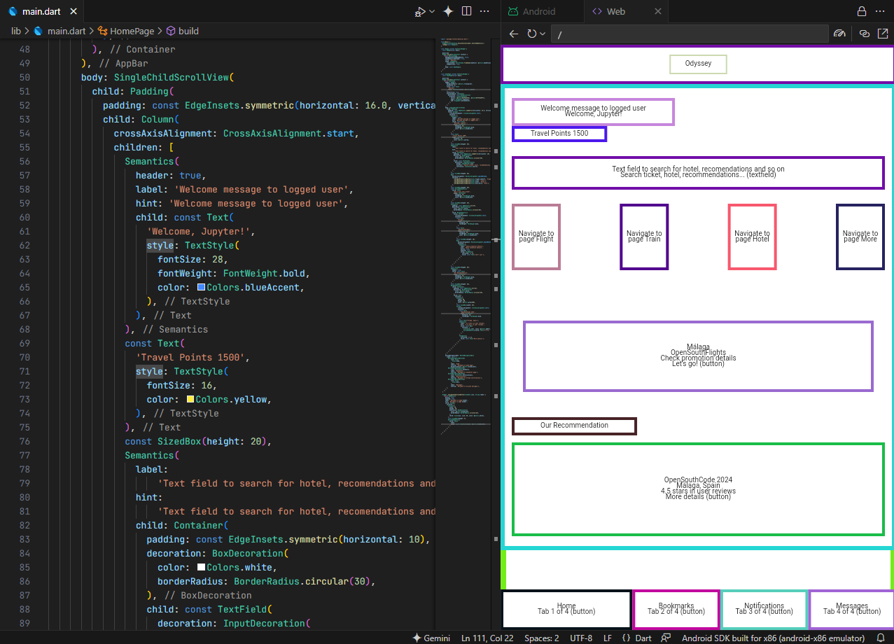 Captura de pantalla de código en Flutter junto a aplicación en ejecución a la derecha, mostrando cómo se visualiza el semantics tree en una aplicación sobre viajes