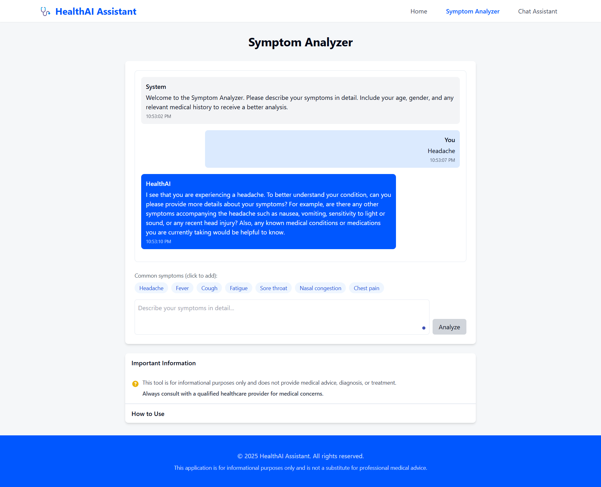 Symptom Analyzer Screenshot