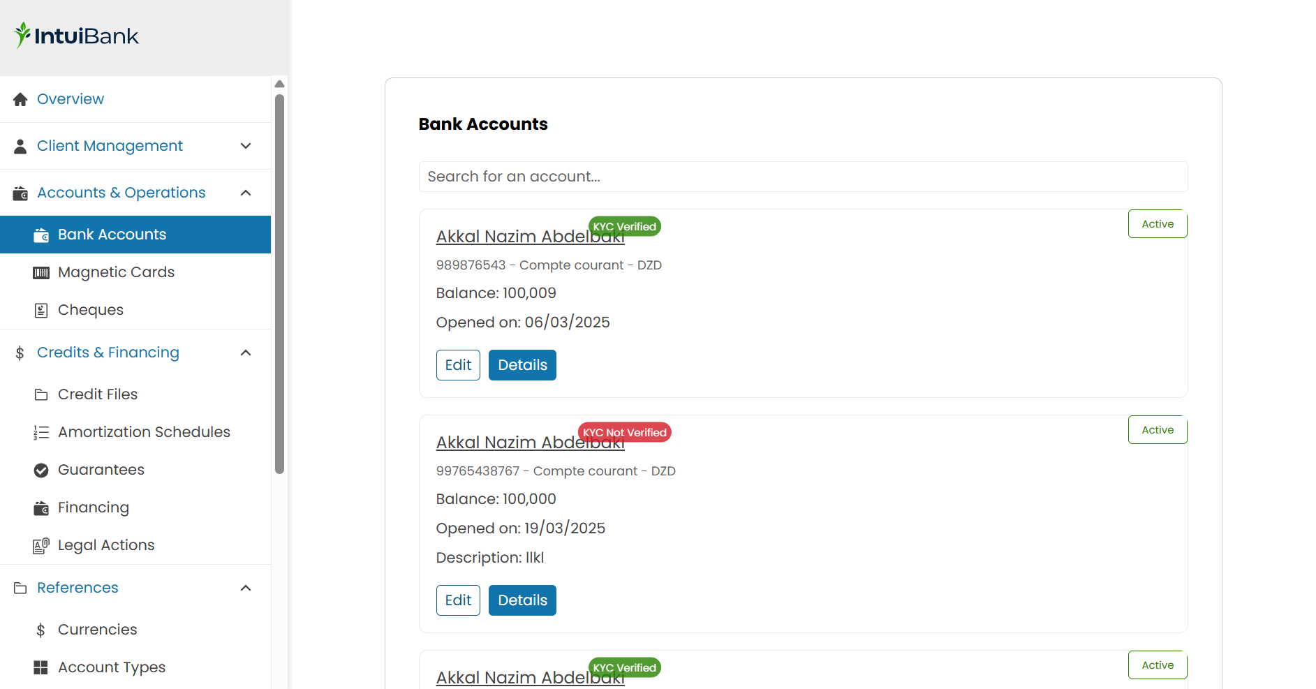 Bank accounts list