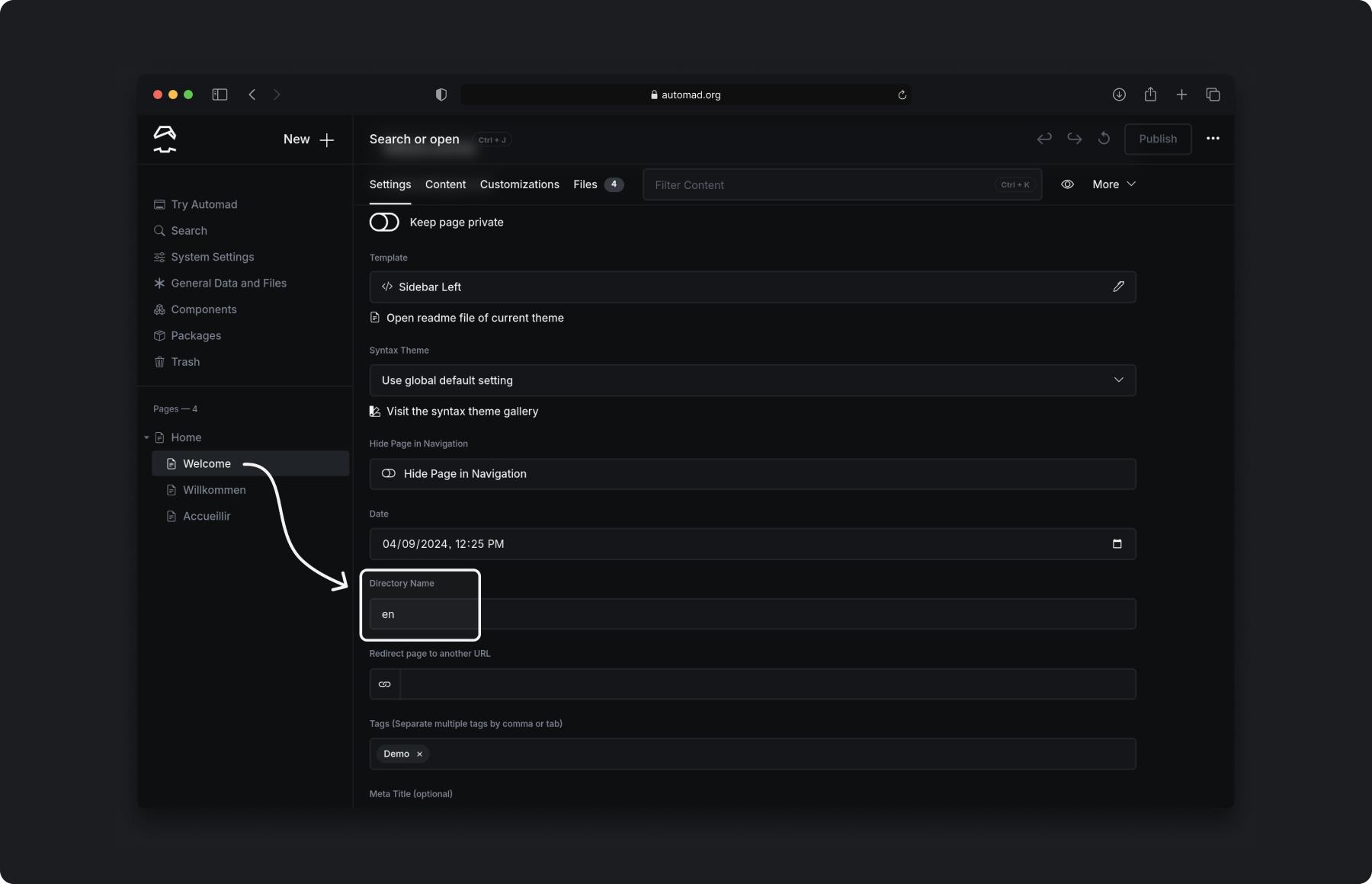 Automad CMS page settings
