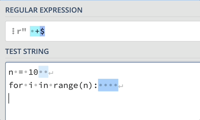 Short video clip showcasing the flawless execution of the regex to detect trailing spaces on RegEx101, similar to the VSCode extension called 